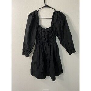 J Crew Smocked Waist Puff Sleeve Mini Dress Sz 4 Black Peasant Coquette Cotton